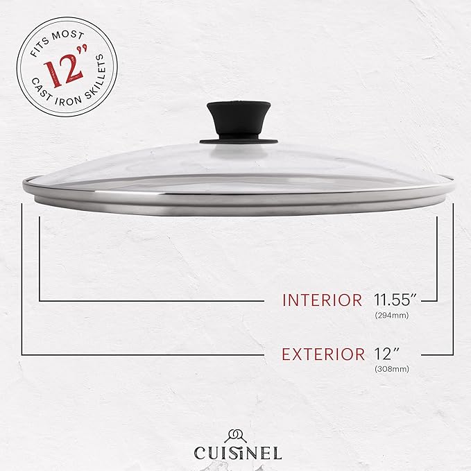 Cuisinel Cast Iron Skillet with Lid - 12"-Inch Frying Pan + Glass Cover + Silicone Handle Holder - Pre-Seasoned Oven Safe Cookware - Indoor/Outdoor Use - Grill, BBQ, Fire, Stovetop. PFAS and PFOA-free