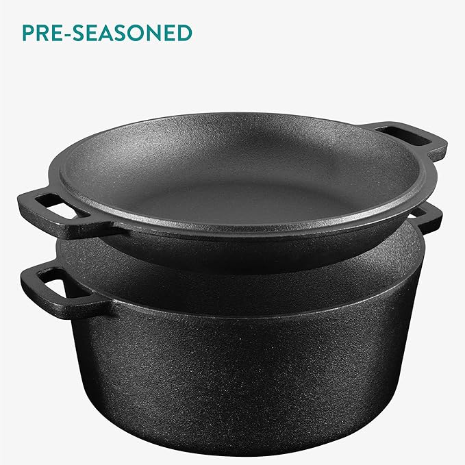 Navaris Cast Iron Casserole Dish Pot 5QT / 10.2" (4.7L / 26cm) - Dutch Oven for Bread Making - Pre-Seasoned Cast Iron Pot with Lid Usable as Frying Pan