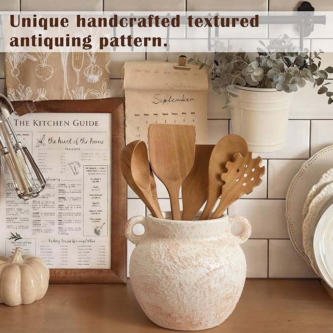 Qinyoung Rustic Kitchen Utensil Holder 6 Inch Small Ceramic Utensil Holder with Handle Vintage Crock Decoration Spatula Organizer for Kitchen Countertop Farmhouse Party Supplies(White,Elegant)
