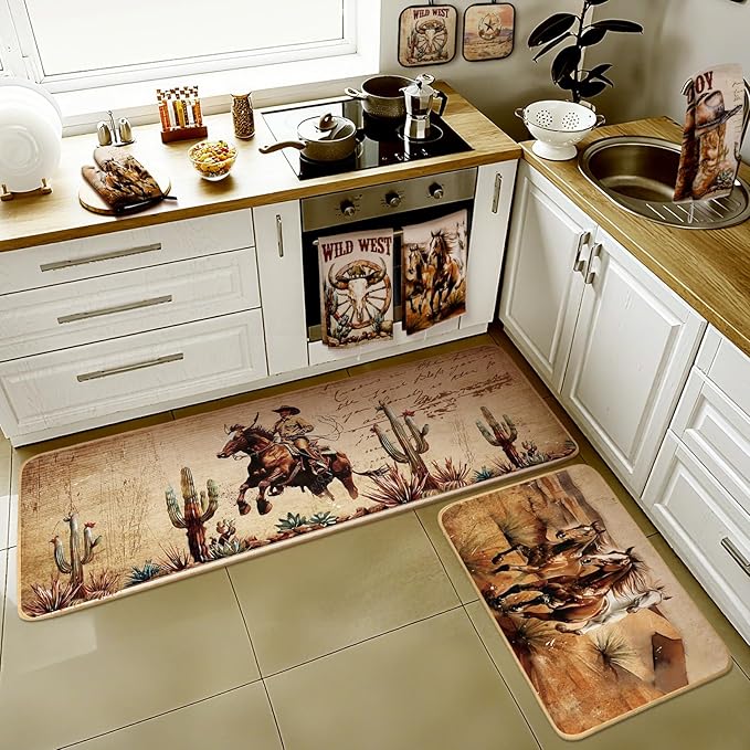 10 Pcs Western Cowboy Kitchen Decor Oven Mitts and Pot Holders Set Western Cowboy Kitchen Accessories Vintage Dish Towels Farmhouse Rugs and Mats for Home Cooking Baking Housewarming Gifts