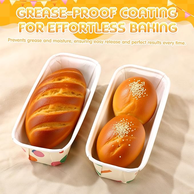 Honeydak 100 Sets Mini Loaf Pans Disposable Holiday Paper Baking Pans Bulk for Baking 6.3 x 2.2 x 2.2 in Mini Loaf Trays with Clear Plastic Packaging Bags and Ties Rectangle Food Trays (Confetti)