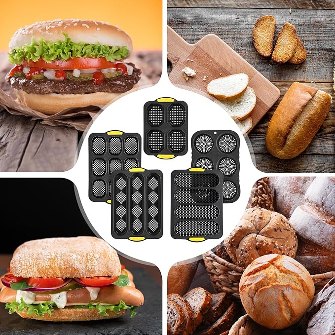 8 Pcs Silicone Baguette Hamburger Bun Baking Pan Set 4 6 9 Cup French Bun Mold 3 Cup Nonstick Baguette Bread Pan with Tool for Homemade Bread Loaf Sandwich Microwave