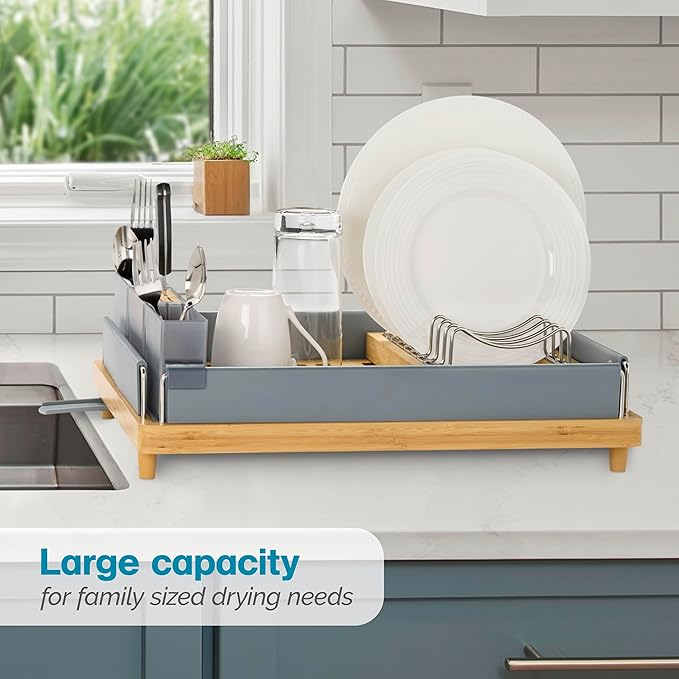 Polder Harmony Dish Rack, Sturdy Dish Drying Rack with 2 Open-Pattern Drain Trays, Dish Racks for Kitchen Counter, Drying Rack for Kitchen Storage, 19.6" x 13.5" x 6.2", Gray