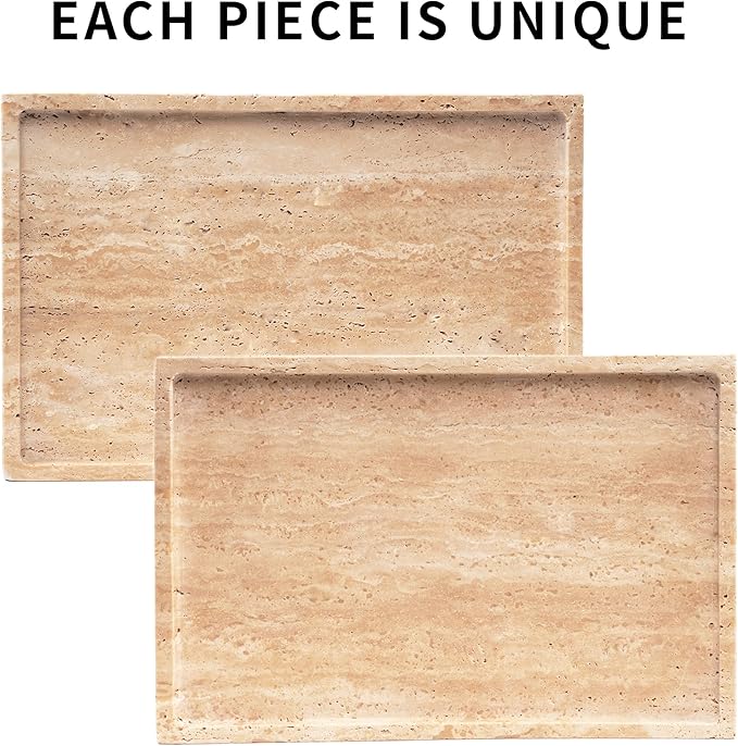 Large Travertine Marble Tray - Square Decorative Stone Vanity Perfume Plates for Bathroom Accessories Coffee Table Bar, Dresser Dish for Kitchen Countertop (11.8" x 7.9" x 0.8")