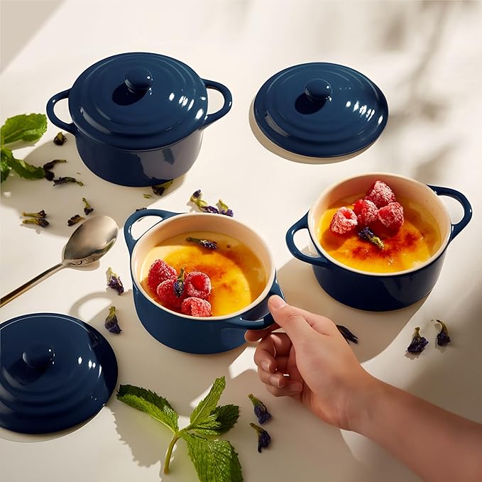 Kook Ceramic Mini Cocotte Set, Small Casserole Dishes with Lids and Handles, Individual Baking Ramekins, Oven safe 500F, Microwave & Dishwasher Safe, Stoneware, 12 oz, Set of 4, (Navy)