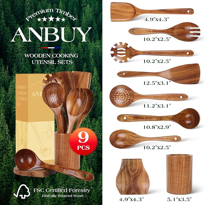 ANBUY Wooden Spoons for Cooking, Natural Teak Cooking Utensils Set, Wooden Kitchen Utensils Set with Holder & Spoon Rest, Wooden Cooking Utensils Set of 9