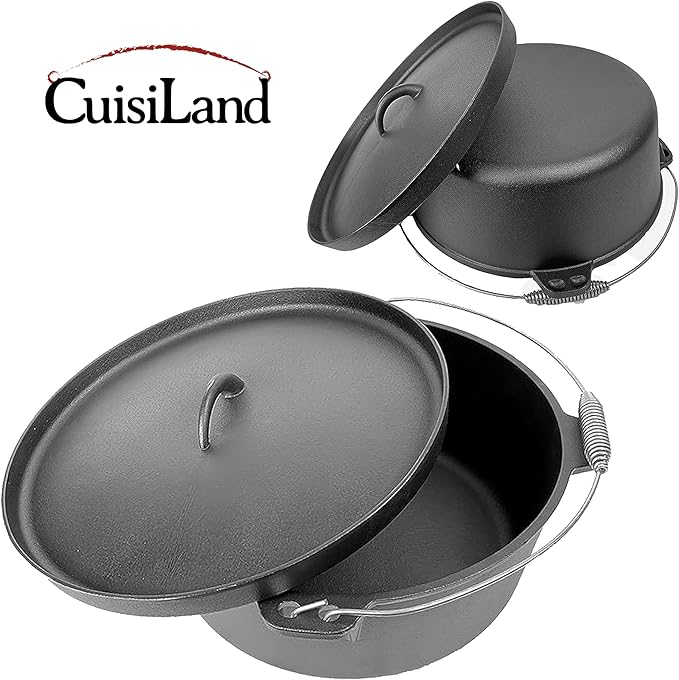 Cuisiland 12 Quart Cast Iron Dutch Oven with Lip Lid & Bail Handle – Pre-Seasoned Large Campfire Pot for Outdoor Cooking, Roasting, Baking & Stews – Heavy-Duty Cookware with Even Heat Distribution