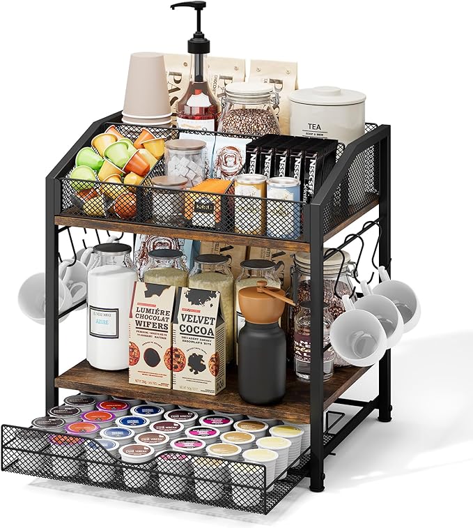 Coffee Bar Organizer - Countertop Coffee Station, 42 K Cup holder Storage Basket with Drawer and Hooks for Syrup, Cups, Stirrer, Condiment, Tea Organizer, Black and Brown