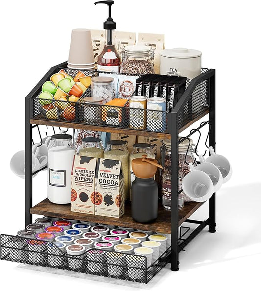 Coffee Bar Organizer - Countertop Coffee Station, 42 K Cup holder Storage Basket with Drawer and Hooks for Syrup, Cups, Stirrer, Condiment, Tea Organizer, Black and Brown