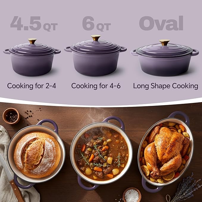 4.5 Quart Dutch Oven Pot with Lid, Non Stick Enameled Cast Iron Dutch Oven for Bread Baking, Heavy-Duty, Oven Safe Ceramic Cookware Up to 500°F for Baking, Braising, Stews, Roasting, Purple