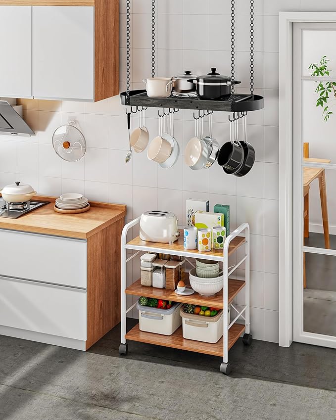 31.7-Inch Hanging Pot Rack, Space-Saving Pot Hanger for Kitchen, Ceiling Pan Hanging Rack with 16 Detachable S Hooks, Sturdy Metal Frame, Industrial Style, Charcoal Black and Black TPR09BC