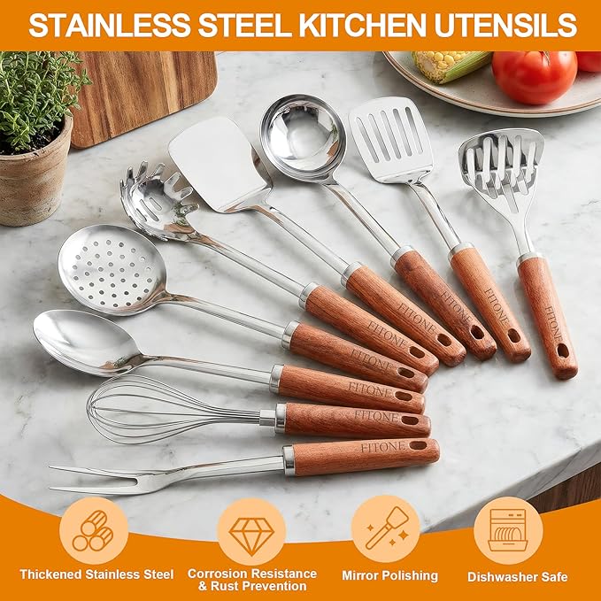 9PCS Cooking Utensils Set, 18/10 Stainless Steel Kitchen Utensils with Wooden Hanlde, Metal Cooking Utensils Set, Spatula, Ladle, Skimmer, Spaghetti Spoon, Potato Masher, Easy To Clean