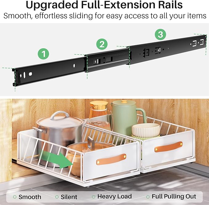 Pull out Cabinet Organizer Fixed with Adhesive Nano Film,Heavy Duty Slide out Pantry Shelves Drawer Storage,Sliding Mesh Cabinet Basket with Handle for Kitchen, Bathroom,Home, 9.8"W X 15.7"D X 6.2"H