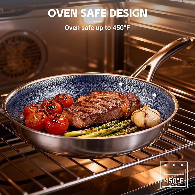 Ammeloo Hybrid Tri-Ply Stainless Steel Frying Pan Set, 8"/9.5"/11" Cooking Pans, Non Stick Frying Pans and Skillets, Chef Pan, Blue Interior, Non Toxic, Dishwasher Safe, Induction Compatible