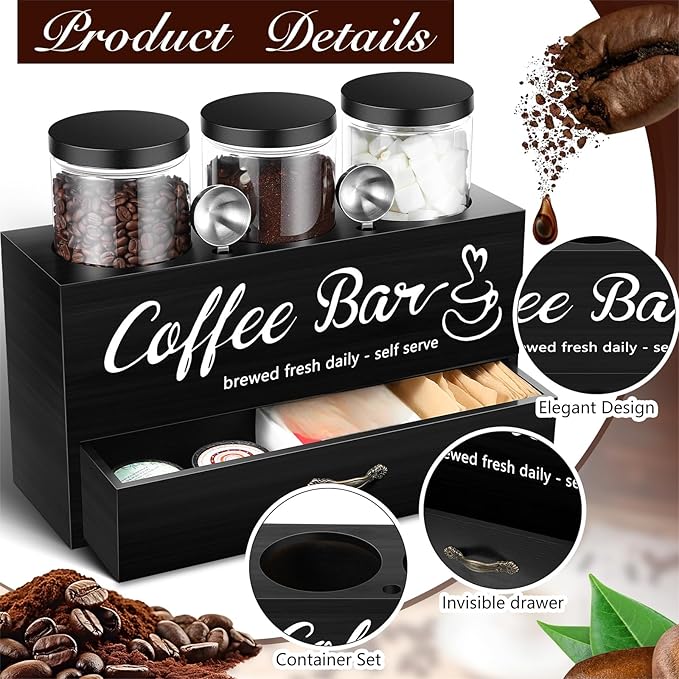 3 Pcs Coffee Canister Set with Shelf and Spoon Plastic Coffee Bean Storage Container with Lids Coffee Storage Box with Drawer Food Storage Jars for Coffee Bar Kitchen (Black)