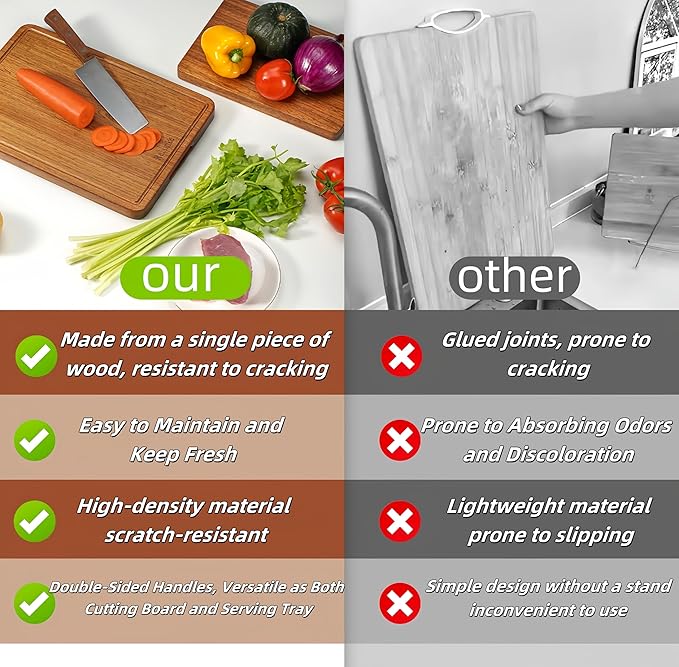 Solid Teak Wood Cutting Board One Piece Non Glued Thick Crack Resistant Wooden Chopping Board with DeepJuice Grooves Built in Handles for Kitchen Meat Vegetables Chese 13 X 8.7 Inch