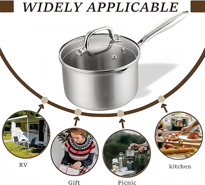 KANGXW 3.0 Quart Stainless Steel Saucepan With steamer,With Pour Spout and Filter Glass Lid Milk Pan, Sauce, Gravy, Pasta Stock Pot For All Stovetops(3.0 Quart With steamer)
