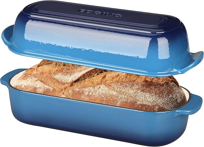 Enameled Cast Iron Loaf Pan with Lid, Bread pan, Dutch Oven Bread pan for Homemade Sourdough Bread Baking, 12.5x5.5 inch, 5qt, Lake Blue