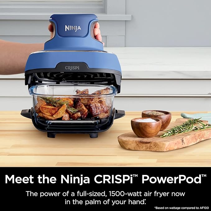 Ninja Crispi 5-in-1 Portable Glass Air Fryer Cooking System, 1500W, 6-Cup, 4-Quart & 2.5-Quart TempWare Containers With Lids, Microwave, Freezer & Dishwasher Safe, Blue, FN103CO (Renewed)