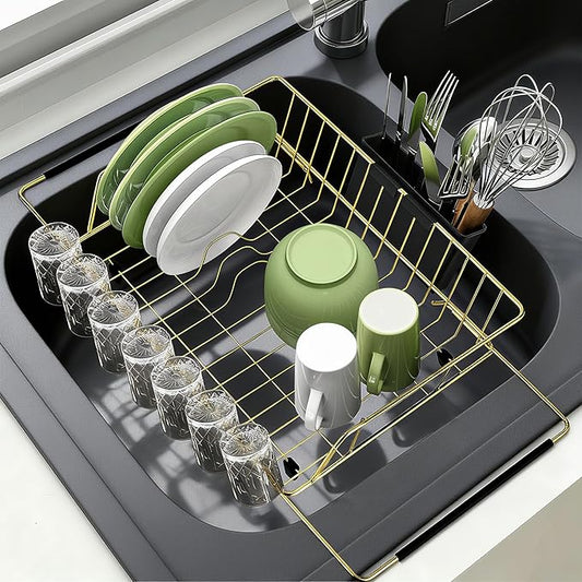 Golden Expandable Dish Drying Rack-Extra Large Stainless Steel Dish Drainer Over The Sink for Kitchen Countertop with Utensil Holder, Applicable for Sink Width 16'-22' (Gold,23.2'*12.2')