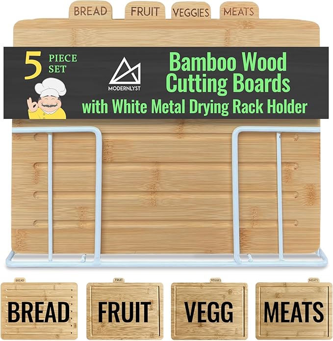 Wood Cutting Board Set with Holder 13"x11"x 3" | Wooden Cutting Boards for Kitchen | Labeled Chopping Board Sets | Large Bamboo Cutting Board Sets with Stand | Chopping Boards for Kitchen
