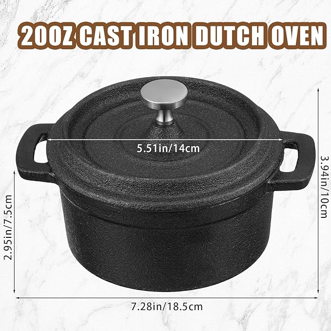 4 Pcs Mini Dutch Oven Small Round Iron Cocotte Black Dutch Oven Pot with Lid and Dual Handles Cast Iron Pot for Stovetop Use Marinate Cook Bake Refrigerate Garlic, Individual Servings(20 oz)