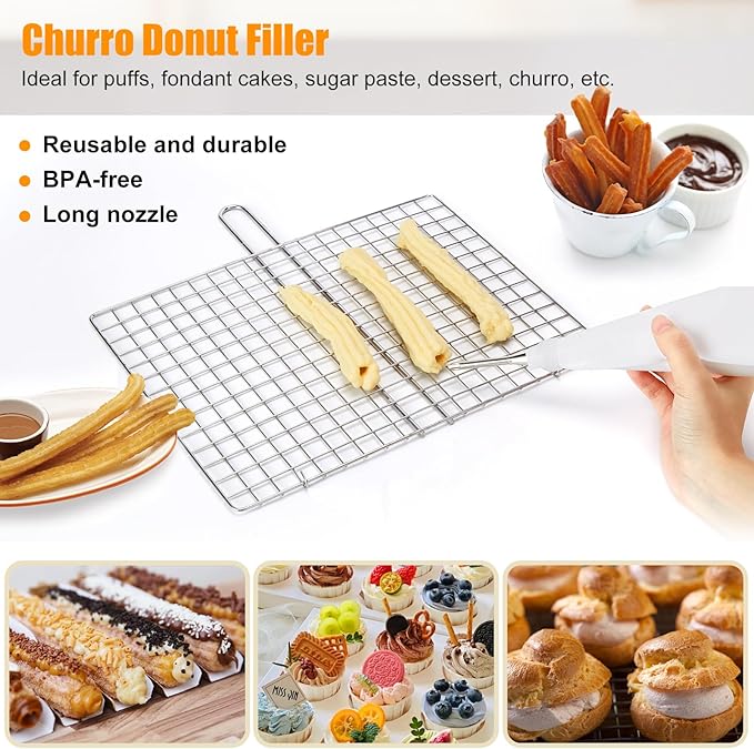 Churro Maker Machine, Stainless Steel Churros Gun Kit, 3-in-1 Multifunctional Cookie Press Hollow Churro with Piping Bag, 7 Piping Nozzles, 9 Cookie Discs & 2 Brushes, Easy to Clean