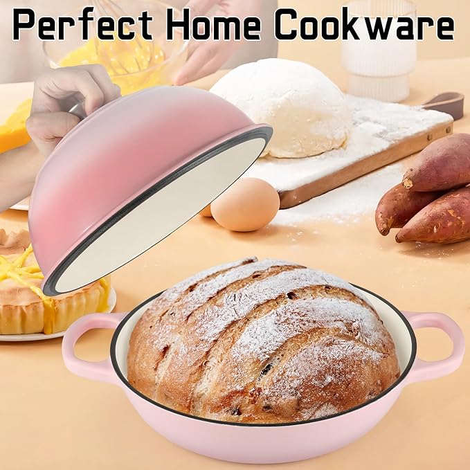 Enameled Cast Iron Bread Oven, Dutch Oven Pot with Lid, 10" Bread Dutch Oven for Sourdough Bread Baking, 6 Quarts Bread Pan with Dome Lid, Non-stick Cookware for Homemade Bread, Pink