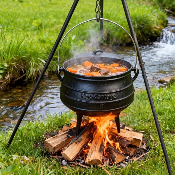 8-Quart Pre-Seasoned Cast Iron Cauldron - African Potjie Pot with Lid - 3-Legged Pot for Even Heat Distribution - Outdoor Cast Iron Dutch Oven Cookware for Campfire Cooking and Boiling
