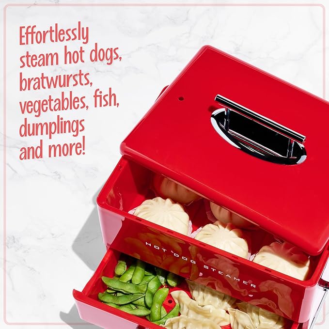 Nostalgia Extra Large Diner-Style Steamer 20 Hot Dogs and 6 Bun Capacity, Perfect for Breakfast Sausages, Brats, Vegetables, Fish