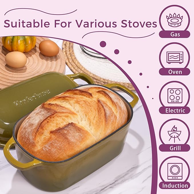 4.6-Quart Oval Dutch Oven for Bread Baking, 2 in 1 Enameled Cast Iron Bread Pan with Lid, Sourdough Bread Dutch Oven for a Crispy Crust, Olive
