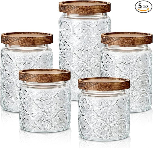 Gerrii 5 Pcs Begonia Pattern Round Vintage Glass Food Storage Containers 17/24/34 oz Glass Jar with Lid Airtight Candy Jar Food Canisters for Kitchen Counter Pantry Coffee Tea Beans