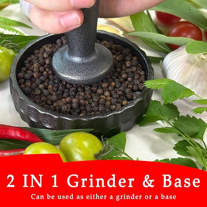 Wood Stove Steamer & Cast Iron Mortar Pestle Set Bundle - 2-in-1 Dual-Layer Humidifier with 3-Piece Grinder Kit for Steaming, Spices, Guacamole, Eco Home & Kitchen