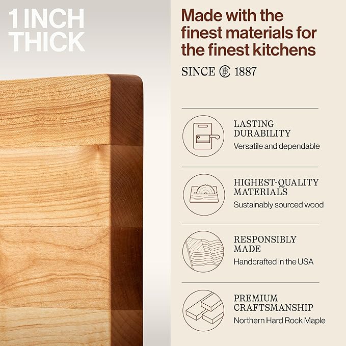 John Boos Chop-N-Slice Series Square Wooden Maple Cutting Board 10”x10” – 1” Thick, 4-lb Reversible Butcher Block with Eased Corners & Edge-Grain – Made in the USA