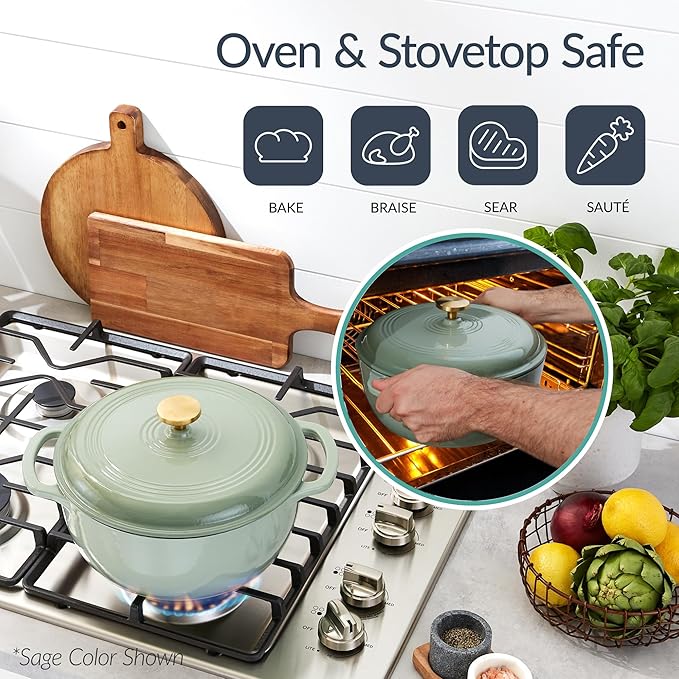 Best Choice Products Non-Stick Pot & Pan Cookware Set, Cast Iron, 2Qt Skillet W/Lid, 10" Grill Or Griddle Pan W/Press, 6Qt Enameled Dutch Oven, Non-toxic, For Cooking & Grilling - Vanilla