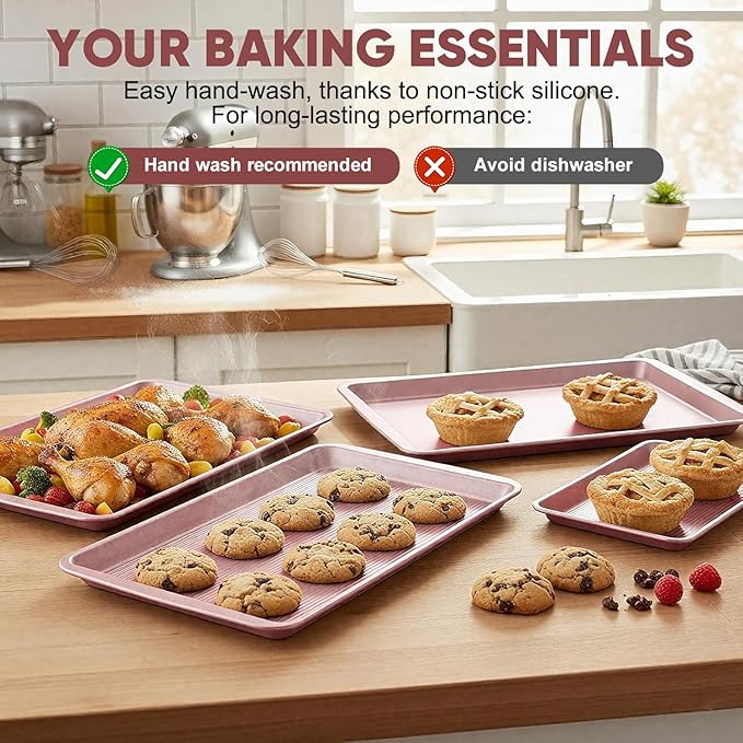 Nonstick Baking Sheet Pan Set of 3, Heavy Duty Cookie Sheets for Oven with Stripe Texture Pattern, 0.6mm Thick Quarter/Half/Jelly Roll Pans, Rust-Resistant & Easy Clean (Pink)