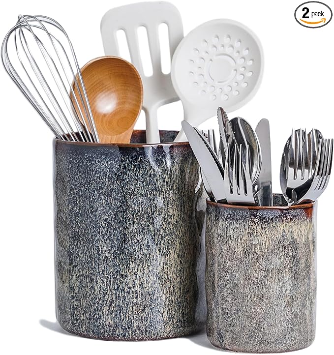 Utensil Holder, 7.25"+5.25" Ceramic Kitchen Utensil Holder for Countertop, Large Cooking Utensil Crocks Gift for Mother's Day, Home Kitchen Decor, Parties,Set of 2, Caramel Brown
