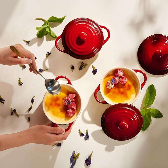 Kook Ceramic Mini Cocotte Set, Small Casserole Dishes with Lids and Handles, Individual Baking Ramekins, Oven safe 500F, Microwave & Dishwasher Safe, Stoneware, 12 oz, Set of 4, (Crimson Ombre)
