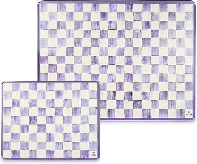 MACKENZIE-CHILDS Set of 2 Tempered Glass Cutting Boards, Countertop Cutting Boards, Purple-and-White Violet Check