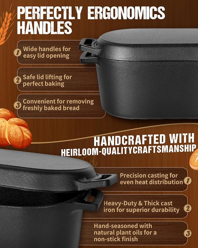 Oval Dutch Oven for Bread Baking, 3.6qt, Black, Up To 1000 ℉ Cast Iron Loaf Dutch Oven With Lid For Homemade Bread, Sourdough Bread Pan