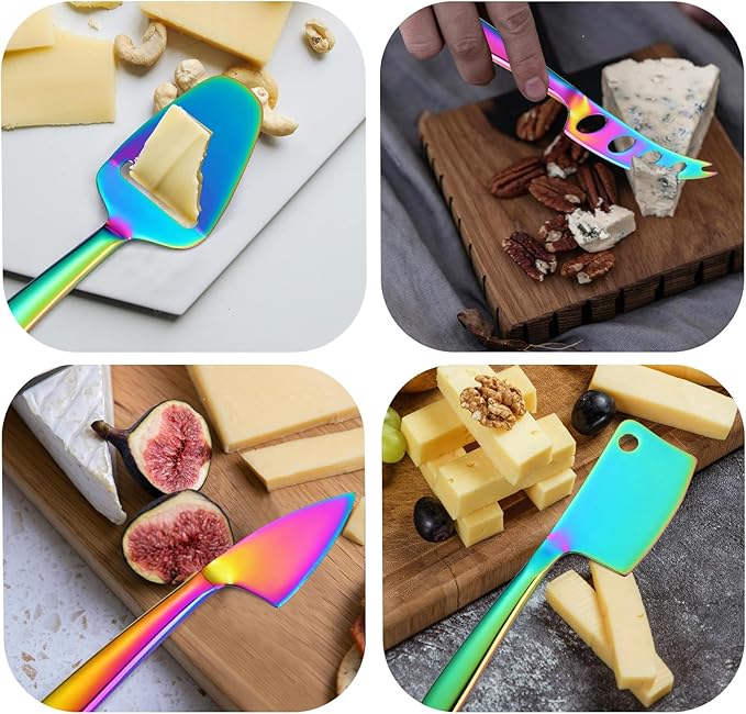 Rainbow Cheese Knives Silverware Set 8 Pieces include Dinning Knife Fork Spoon Stainless Steel Kitchen Gadget Tool Baking Utensils Multifunctional Durable for Daily Use and Parties