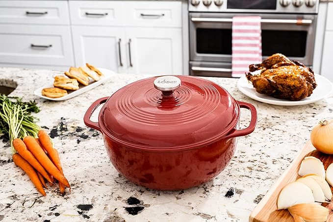 Lodge Essential Enamel Cast Iron Dutch Oven - Perfect for Bread Baking, Braising, Marinating & Slow Cooking - Features Moisture-Sealing Lid & Dual Handles - Kitchen Essentials - 6 Quarts - Cranberry