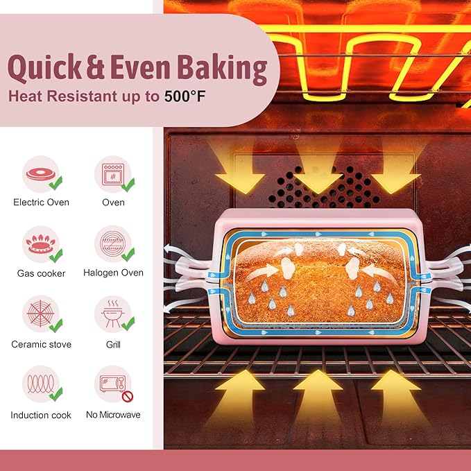 P&P CHEF 2-In-1 9 x 5 Inch Cast Iron Loaf Pan with Lid (Pink), Bread Loaf Pans for Baking Homemade Sourdough Bread, Meatloaf, Toast, Cake, Nonstick & Healthy & Sturdy, 2 Piece Set