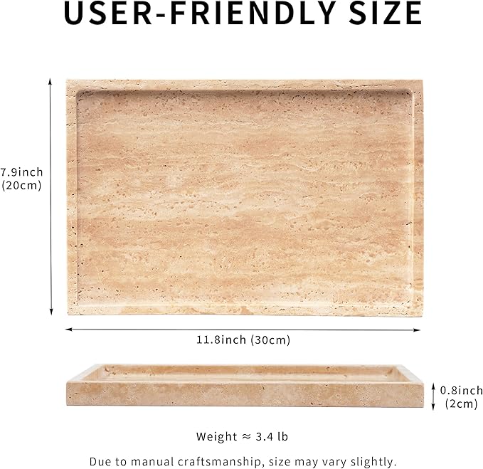 Large Travertine Marble Tray - Square Decorative Stone Vanity Perfume Plates for Bathroom Accessories Coffee Table Bar, Dresser Dish for Kitchen Countertop (11.8" x 7.9" x 0.8")