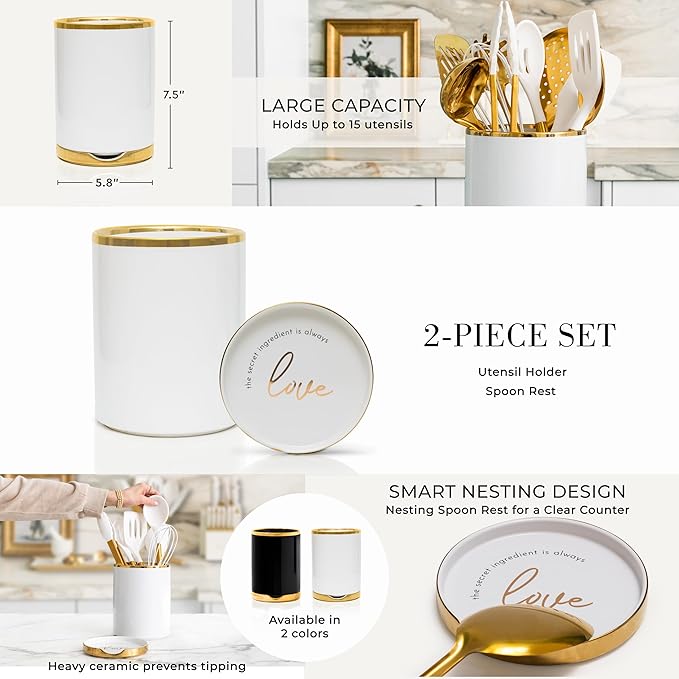 STYLED SETTINGS White and Gold Cooking Utensils Set – 13-Piece Set Includes Gold Kitchen Utensils, Ceramic Utensil Holder and Built-In Spoon Rest – Luxury Kitchen Accessories