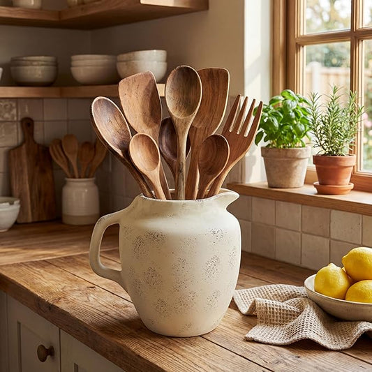 Rustic Kitchen Utensil Holder with Handle,7 Inch Ceramic Vintage Utensil Crock for Countertop, Farmhouse Kitchen Decoration Ceramic Pot for Spatulas Spoons Tongs(Novelty,Antique Cream)