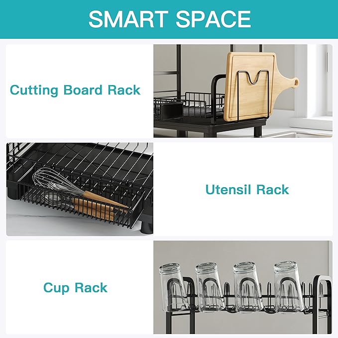 romision Capacity Dish Drainers Drying Rack, Metal Stainless Steel Rust Proof Plate Strainers Holder with Drainboard Tray, Space Saving, On Counter 2 Tier, Black