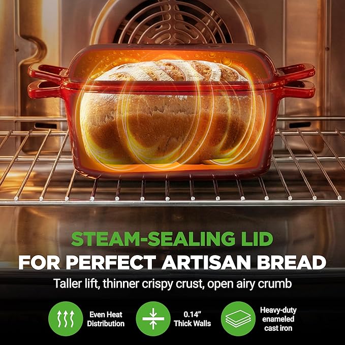 NutriChef 10" Enameled Cast Iron Bread Pan with Lid, Oval Loaf Dutch Oven with Silicone Gloves, Oven-Safe to 500°F, for Baking, Roasting, Stewing & More, Dishwasher Safe (Red)
