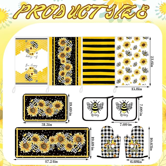 10 Pcs Bee Kitchen Decor Sunflower Oven Mitts and Pot Holders Set Yellow Bee Dish Towels Rugs Mats Buffalo Plaid Kitchen Accessories for Chef Baking Cooking Grilling BBQ Women Home Gift