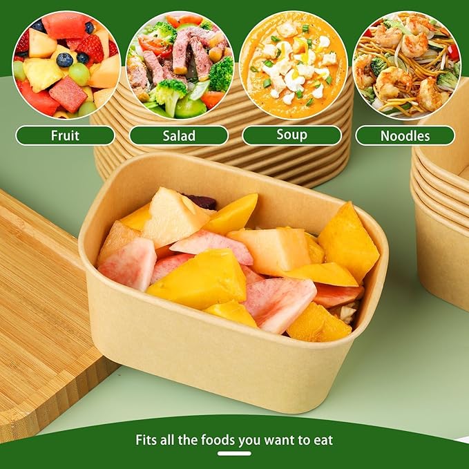 25 Pack 33 oz Paper Bowls, Disposable Food Containers with Lids, Rectangular Disposable Bowls with Lids, Disposable Salad Bowls for Diet Salad, Ice Cream, Yogurt, Party Food